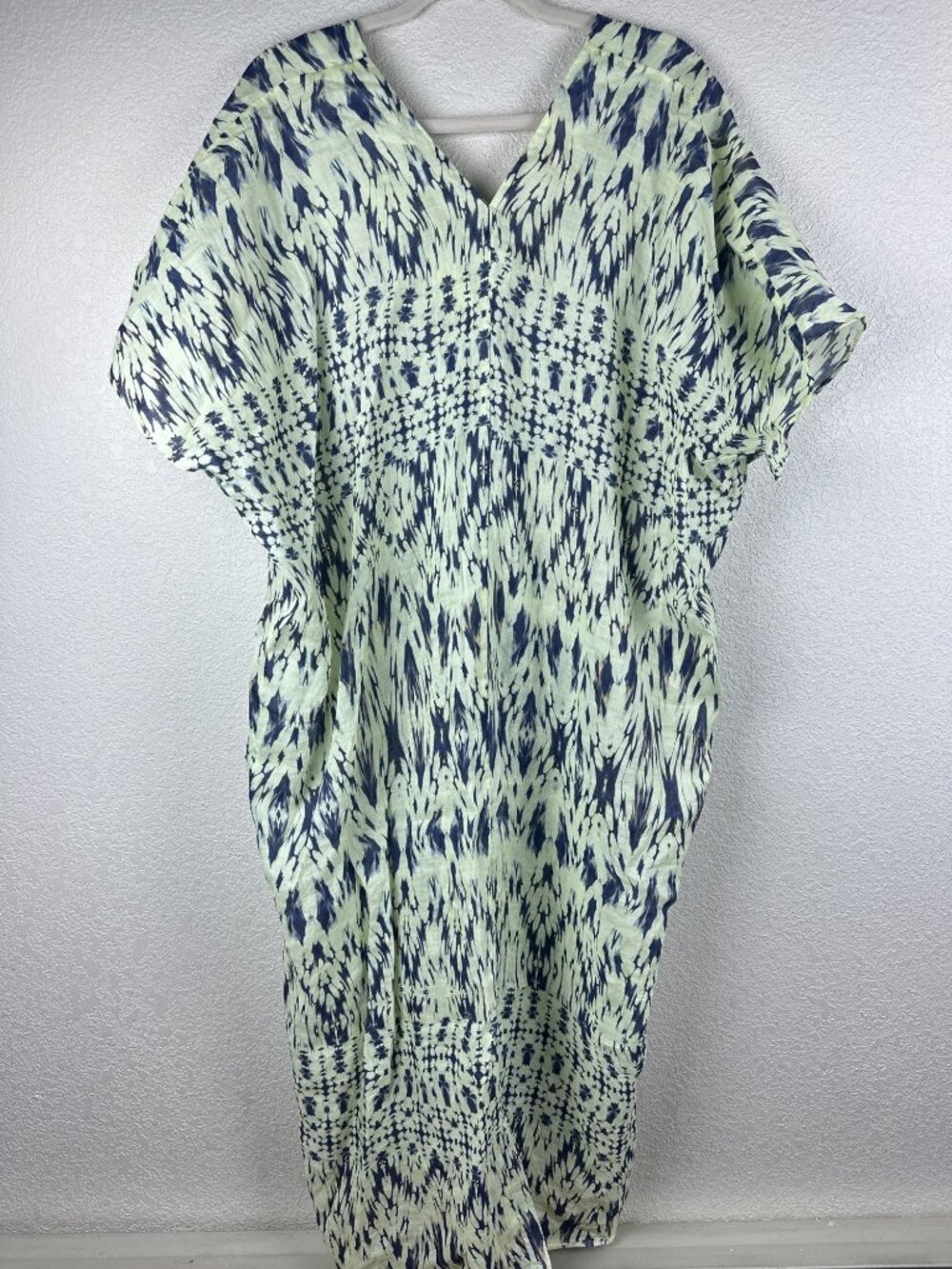 Zara 100% Ramie Abstract Print Kaftan Tunic Dress XL Blue Ivory Boho Beachy - Picture 11 of 11